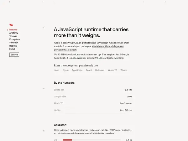 Ant, a lightweight JavaScript runtime home screenshot