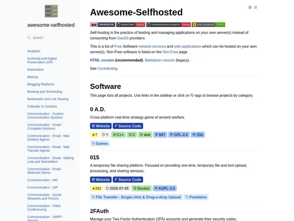 https://awesome-selfhosted.net home screenshot