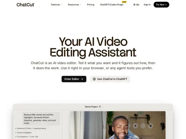 ChatCut: Your AI video editor in ChatGPT, desktop, and web | Product Hunt home screenshot