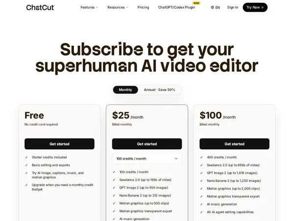 ChatCut: Your AI video editor in ChatGPT, desktop, and web | Product Hunt pricing screenshot