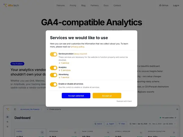 GA4-compatible Analytics - d8a.tech home screenshot