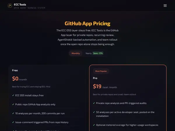 ECC Tools - Open Agent Harness System for GitHub App Automation and Security pricing screenshot