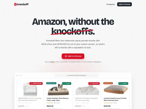 Knockoff: Amazon, without the knockoffs home screenshot