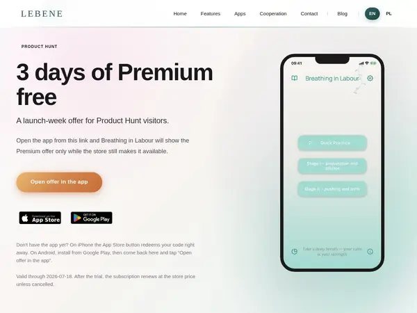 Breathing In Labour: A distraction-free breathing app for labor preparation | Product Hunt home screenshot