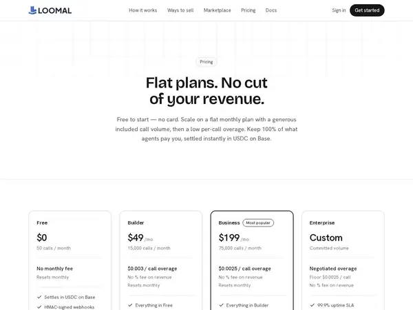 Loomal: Monetize any MCP server in 5 minutes with no % skim. | Product Hunt pricing screenshot
