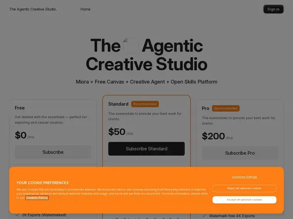 Miora: Scale your creativity on editable canvas with agent memory | Product Hunt pricing screenshot