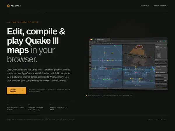 Q3Edit — edit, compile, and play Quake 3 maps in your browser features screenshot