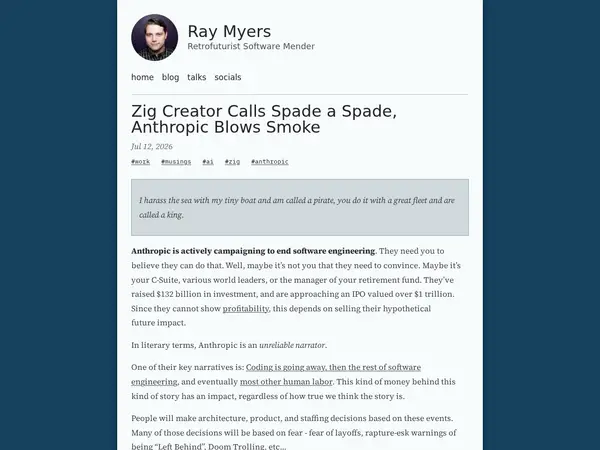 Zig Creator Calls Spade a Spade, Anthropic Blows Smoke home screenshot