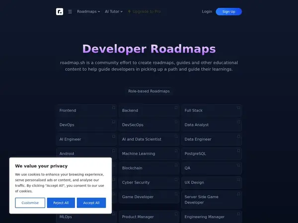 Developer Roadmaps - roadmap.sh home screenshot